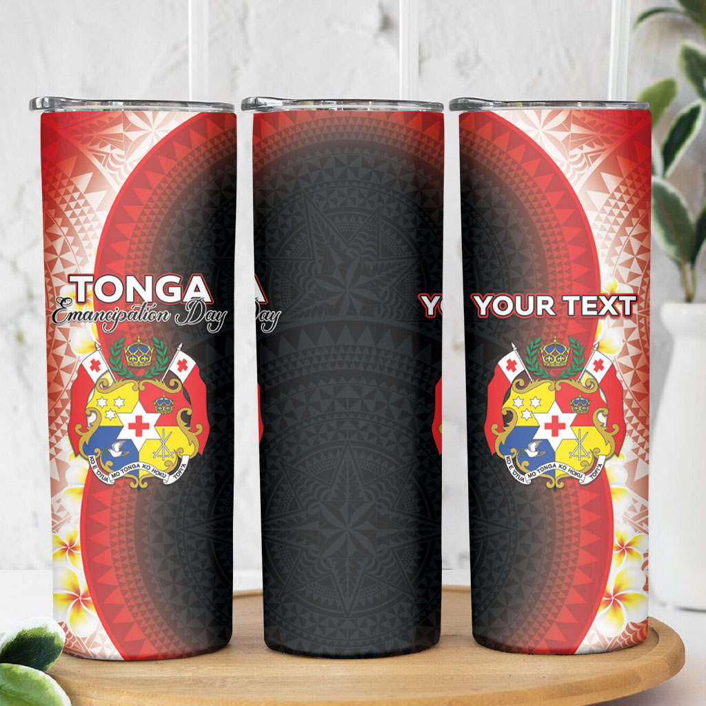 Personalised Tonga Emancipation Day Skinny Tumbler Tongan Ngatu Pattern With Plumeria
