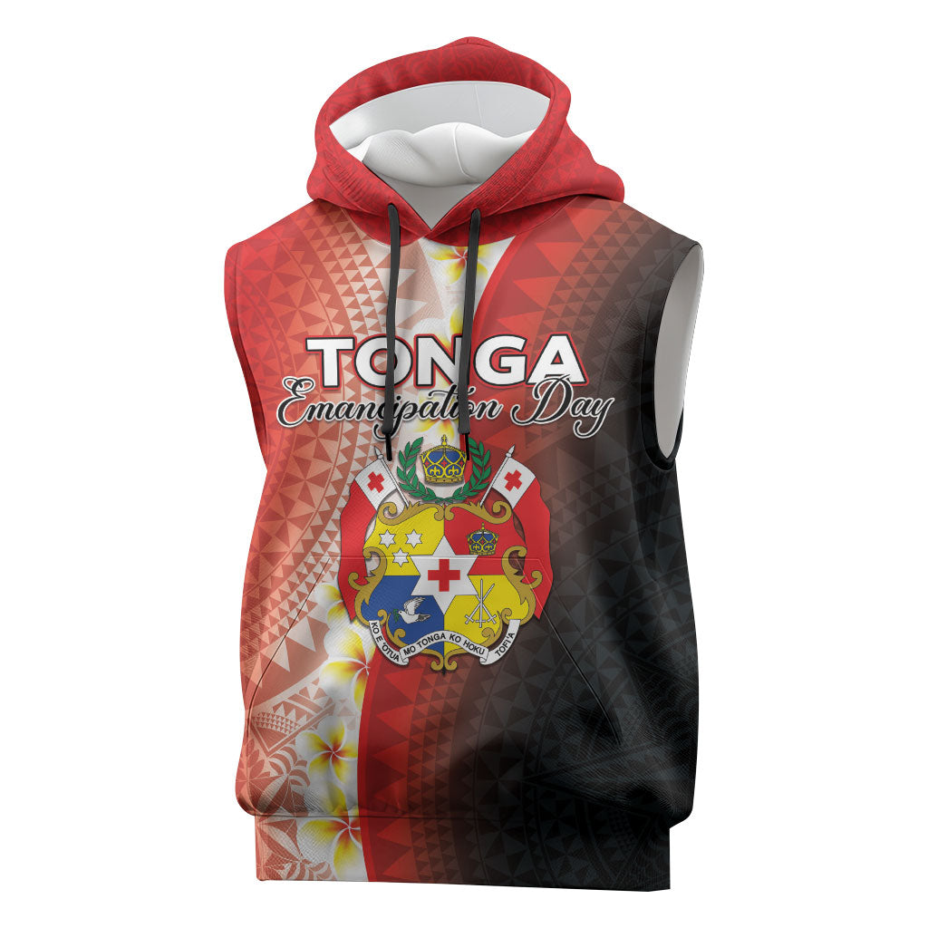 Personalised Tonga Emancipation Day Sleeveless Hoodie Tongan Ngatu Pattern With Plumeria