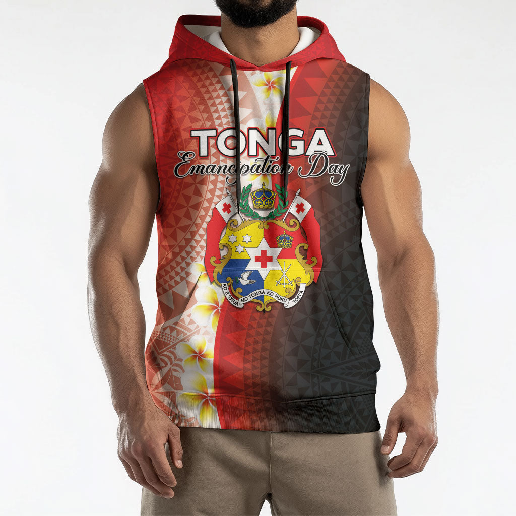 Personalised Tonga Emancipation Day Sleeveless Hoodie Tongan Ngatu Pattern With Plumeria