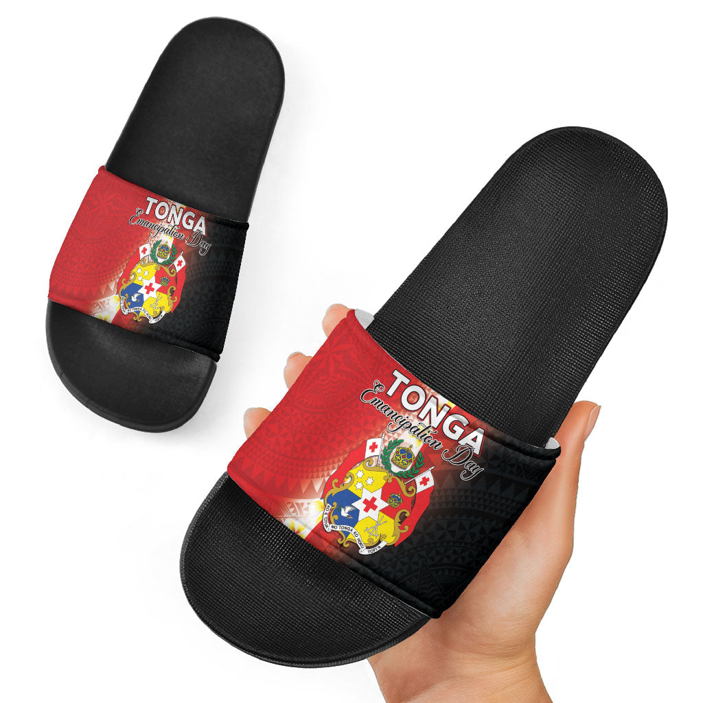 Tonga Emancipation Day Slide Sandals Tongan Ngatu Pattern With Plumeria