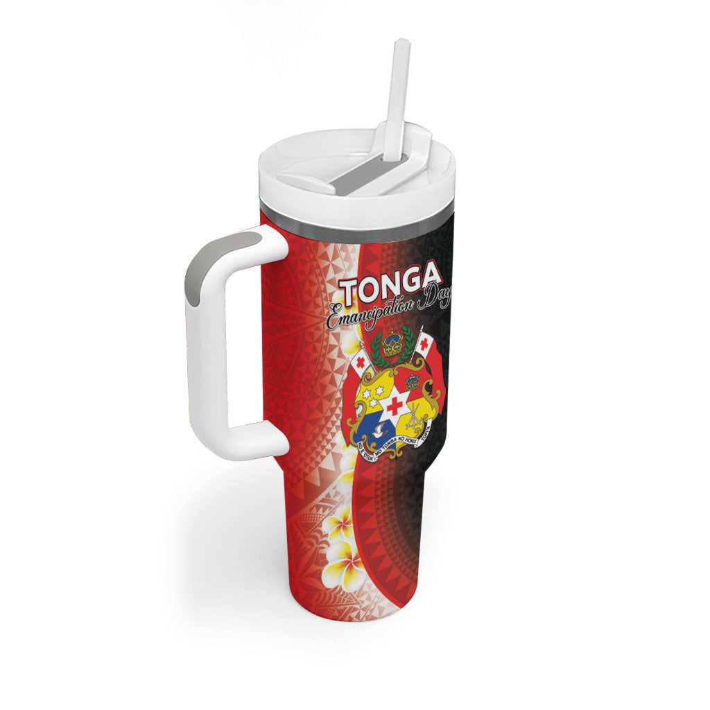 Personalised Tonga Emancipation Day Tumbler With Handle Tongan Ngatu Pattern With Plumeria
