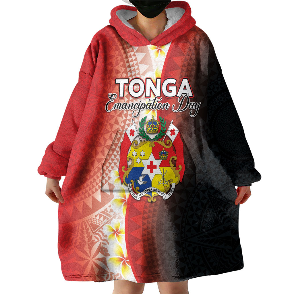Personalised Tonga Emancipation Day Wearable Blanket Hoodie Tongan Ngatu Pattern With Plumeria