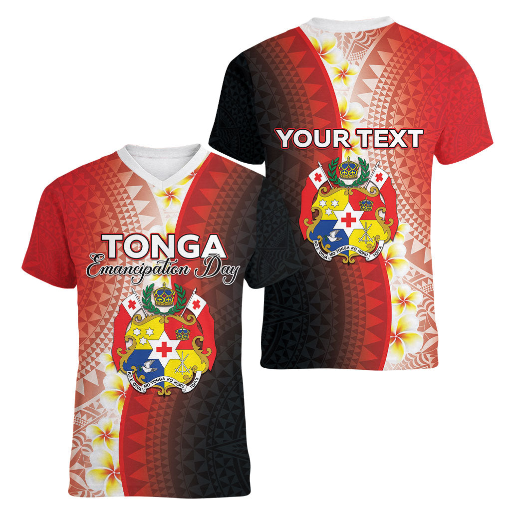 Personalised Tonga Emancipation Day Women V-Neck T-Shirt Tongan Ngatu Pattern With Plumeria