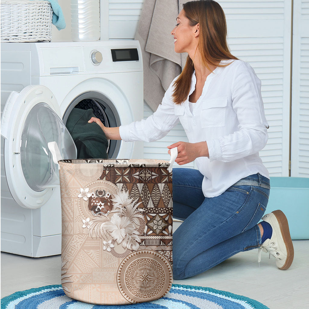 Tonga Ngatu Motifs Laundry Basket With Coat Of Arms Beige