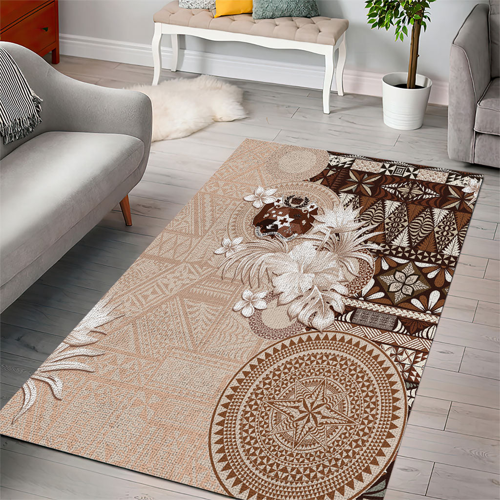 Tonga Ngatu Motifs Area Rug With Coat Of Arms Beige