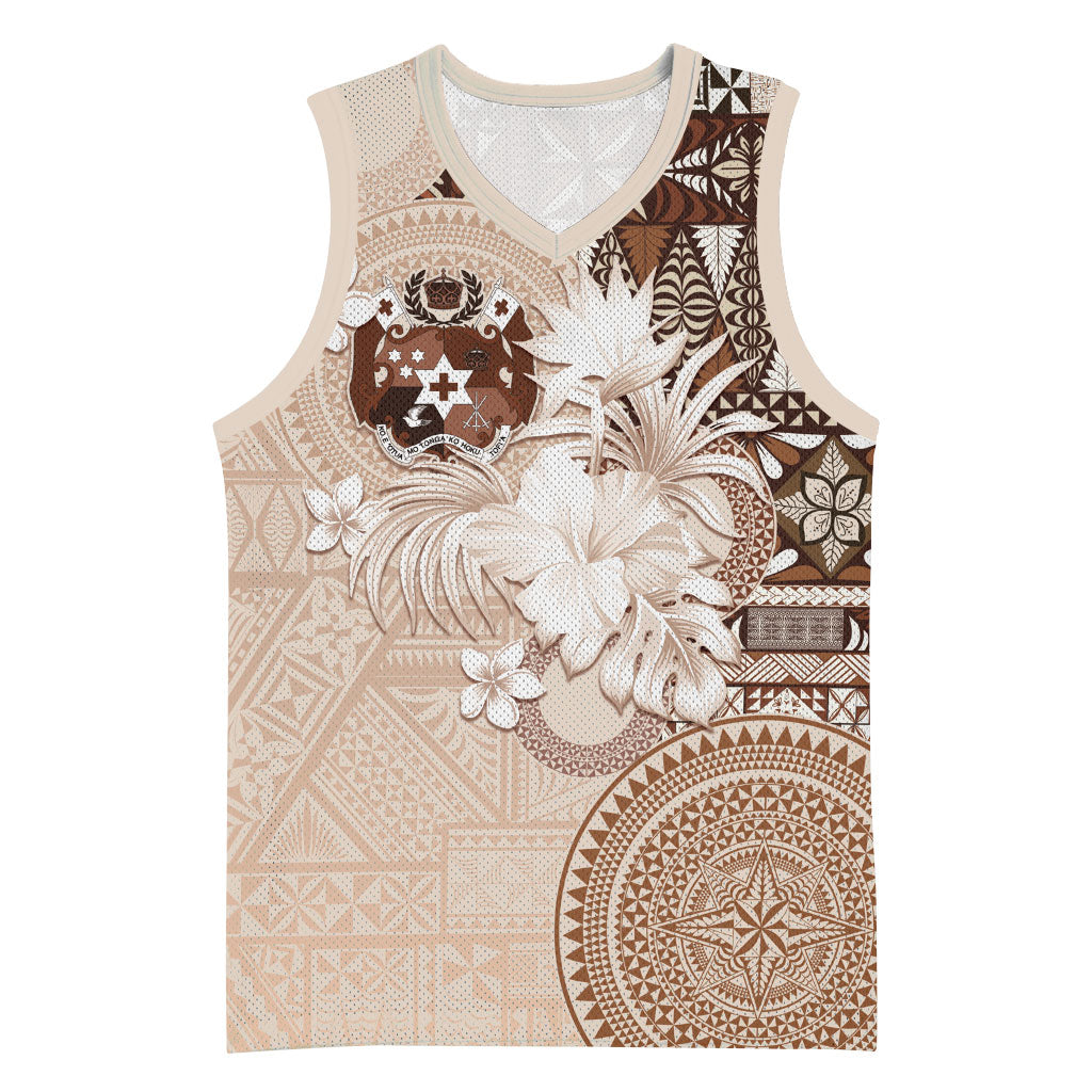 Tonga Ngatu Motifs Basketball Jersey With Coat Of Arms Beige LT05 Unisex Beige - Polynesian Pride