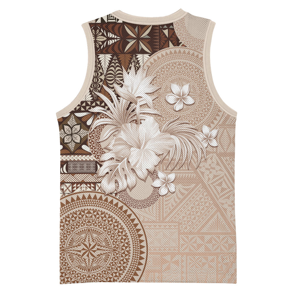 Tonga Ngatu Motifs Basketball Jersey With Coat Of Arms Beige LT05 - Polynesian Pride