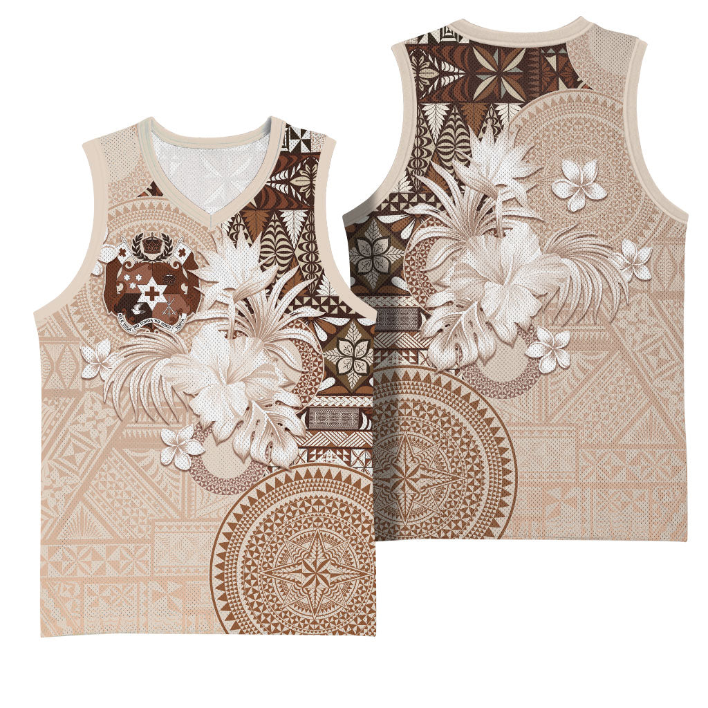 Tonga Ngatu Motifs Basketball Jersey With Coat Of Arms Beige LT05 - Polynesian Pride