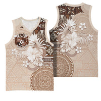 Tonga Ngatu Motifs Basketball Jersey With Coat Of Arms Beige LT05 - Polynesian Pride