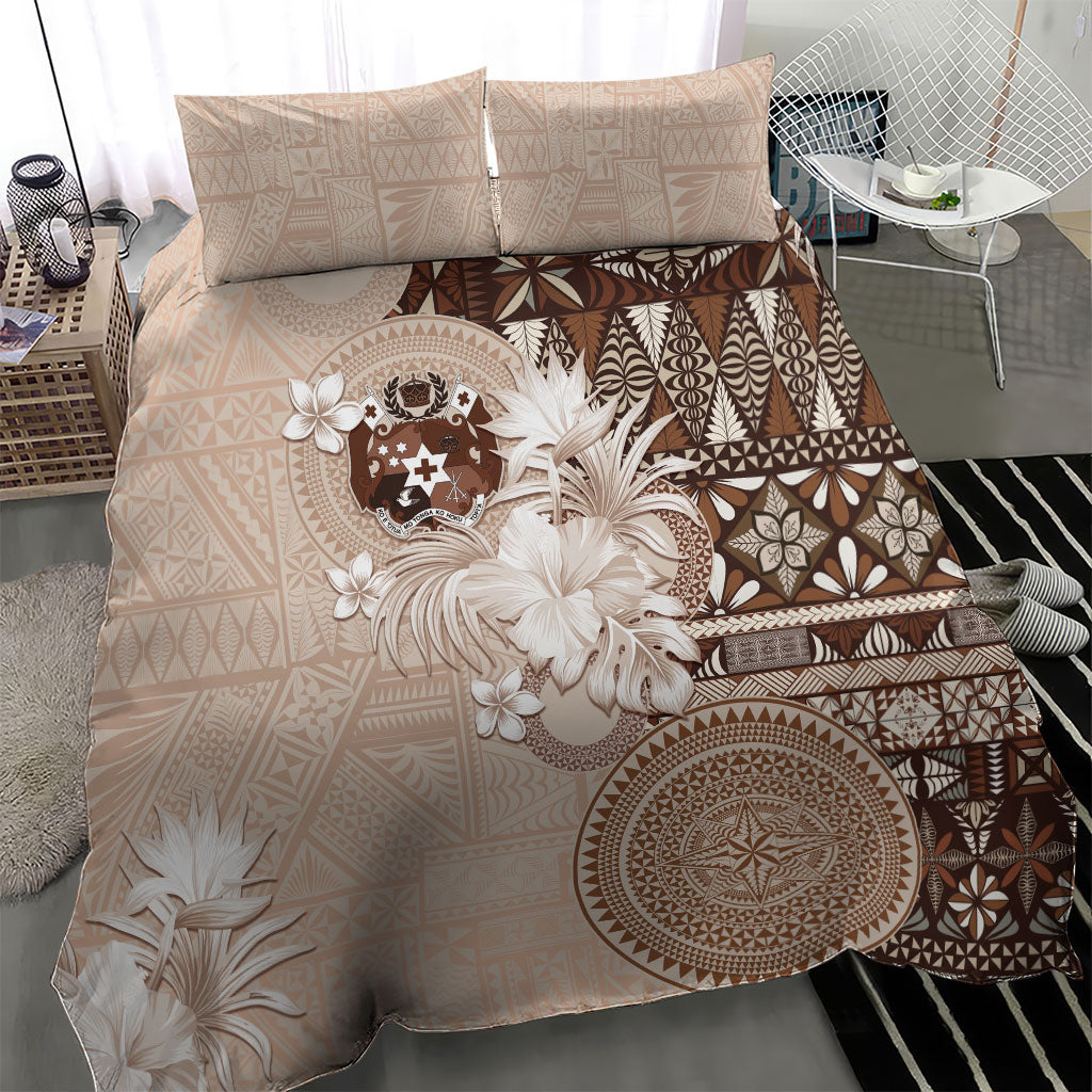 Tonga Ngatu Motifs Bedding Set With Coat Of Arms Beige