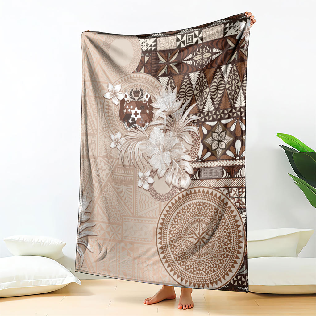 Tonga Ngatu Motifs Blanket With Coat Of Arms Beige