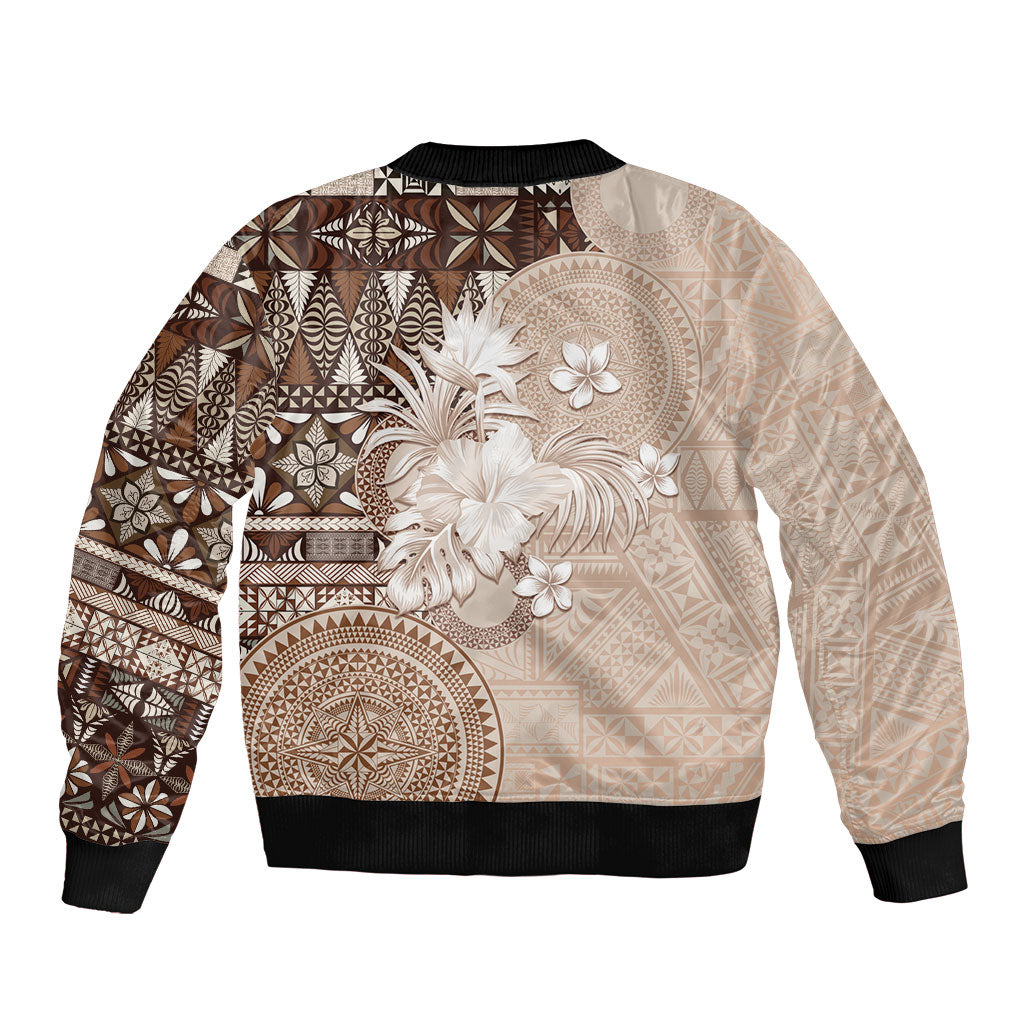Tonga Ngatu Motifs Bomber Jacket With Coat Of Arms Beige