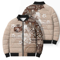 Tonga Ngatu Motifs Bomber Puffer Jacket With Coat Of Arms Beige