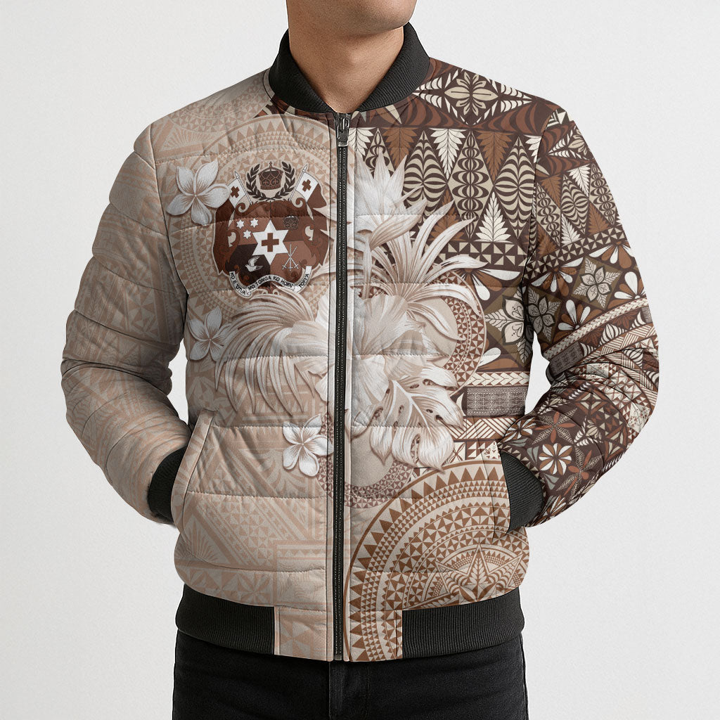 Tonga Ngatu Motifs Bomber Puffer Jacket With Coat Of Arms Beige