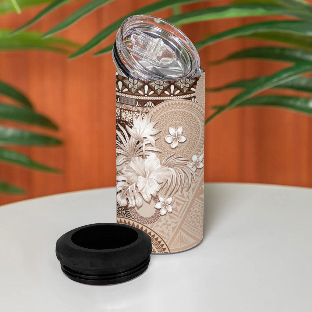 Tonga Ngatu Motifs 4 in 1 Can Cooler Tumbler With Coat Of Arms Beige LT05 - Polynesian Pride