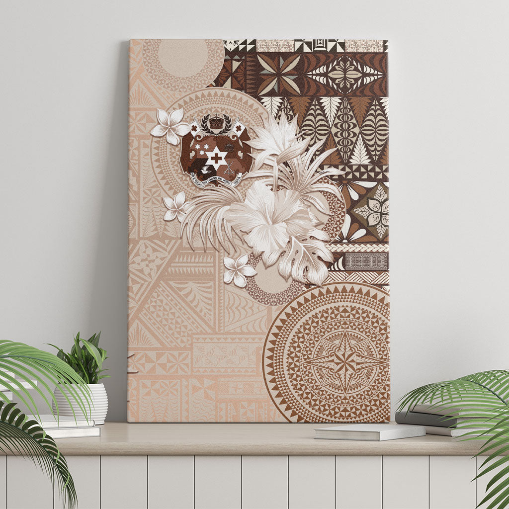 Tonga Ngatu Motifs Canvas Wall Art With Coat Of Arms Beige