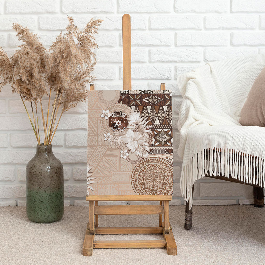 Tonga Ngatu Motifs Canvas Wall Art With Coat Of Arms Beige
