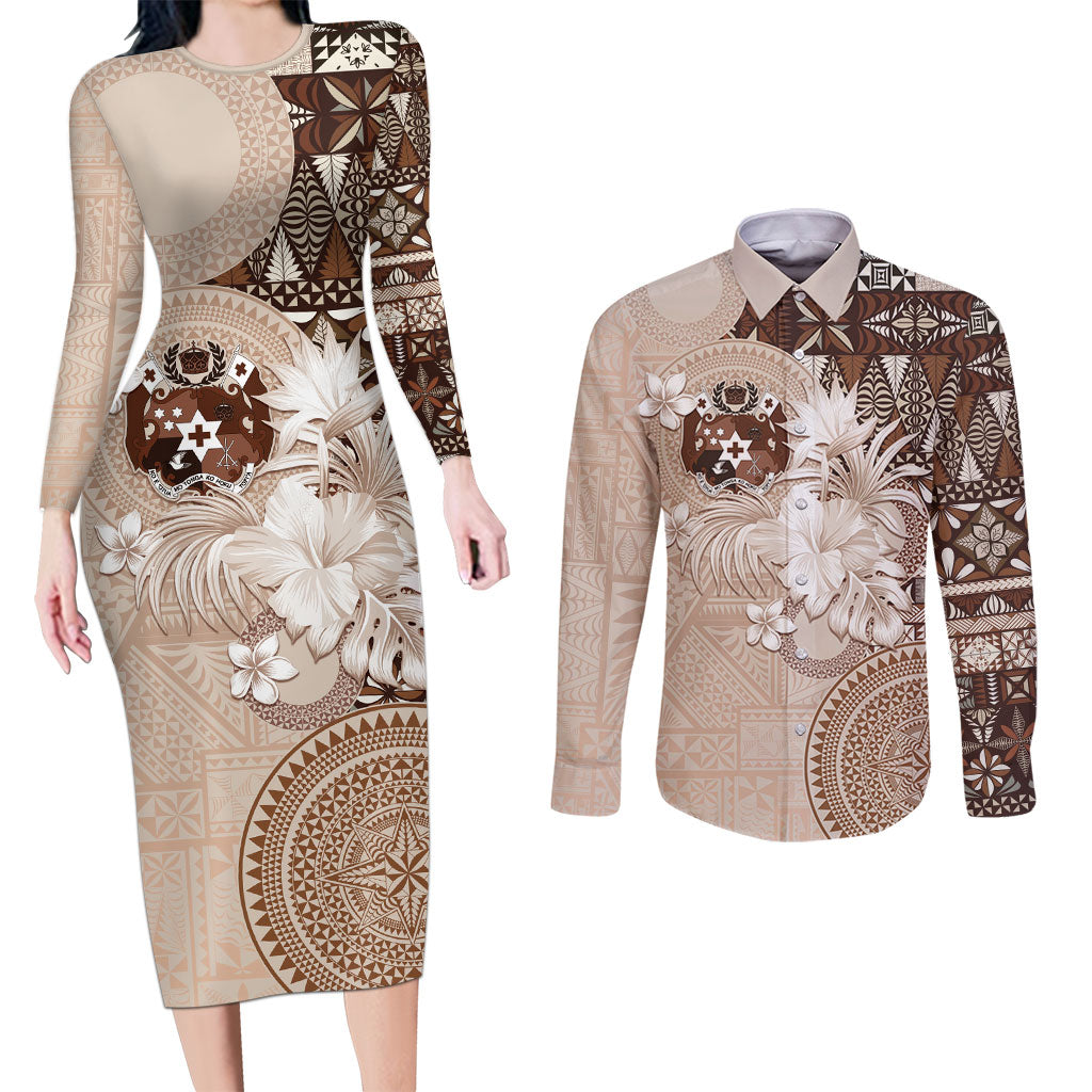 Tonga Ngatu Motifs Couples Matching Long Sleeve Bodycon Dress and Long Sleeve Button Shirt With Coat Of Arms Beige LT05 Beige - Polynesian Pride
