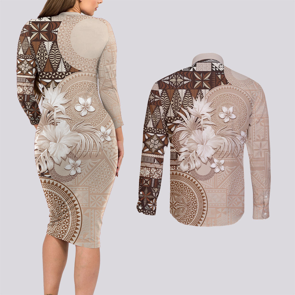 Tonga Ngatu Motifs Couples Matching Long Sleeve Bodycon Dress and Long Sleeve Button Shirt With Coat Of Arms Beige LT05 - Polynesian Pride