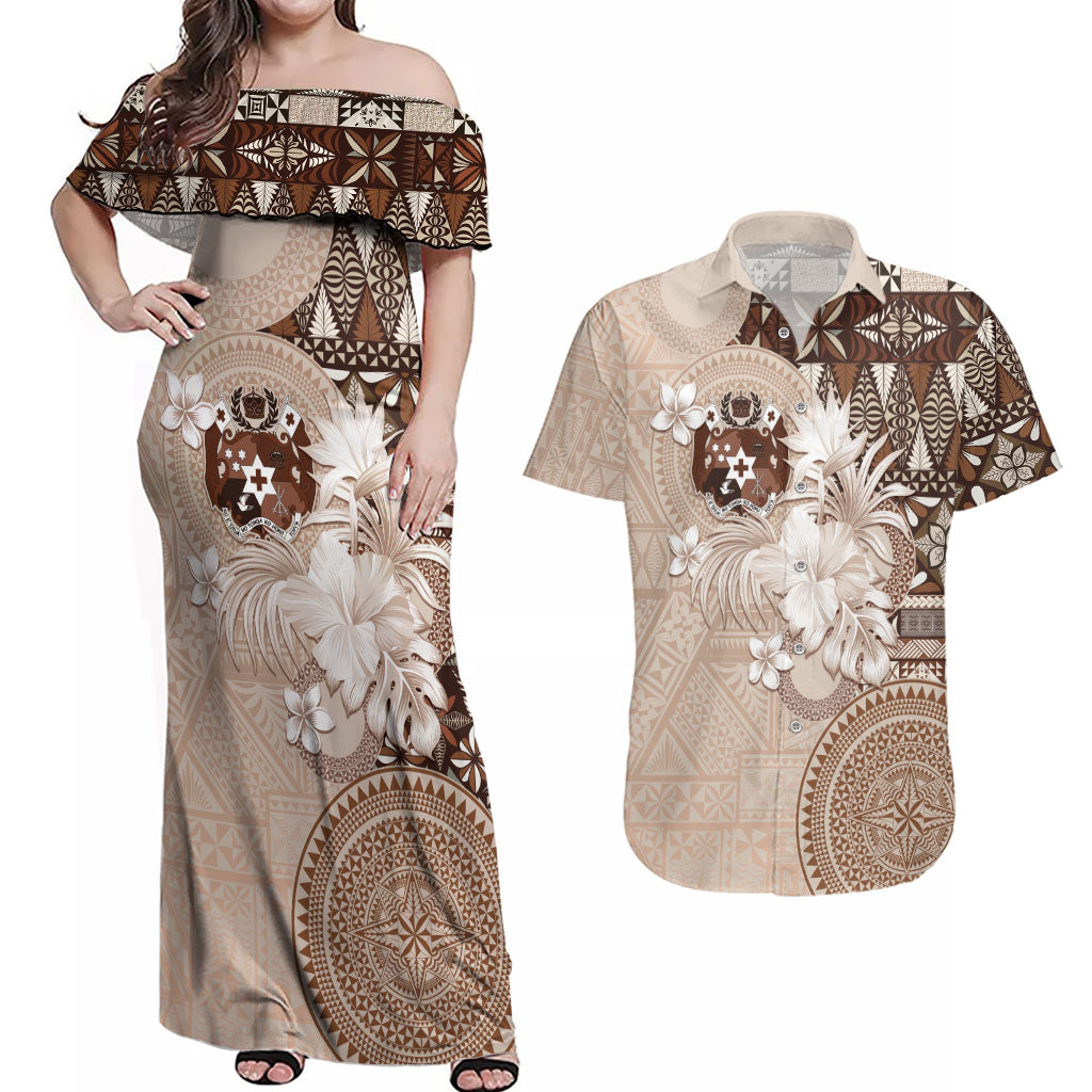 Tonga Ngatu Motifs Couples Matching Off Shoulder Maxi Dress and Hawaiian Shirt With Coat Of Arms Beige LT05 Beige - Polynesian Pride