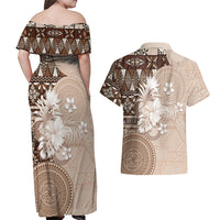 Tonga Ngatu Motifs Couples Matching Off Shoulder Maxi Dress and Hawaiian Shirt With Coat Of Arms Beige LT05 - Polynesian Pride