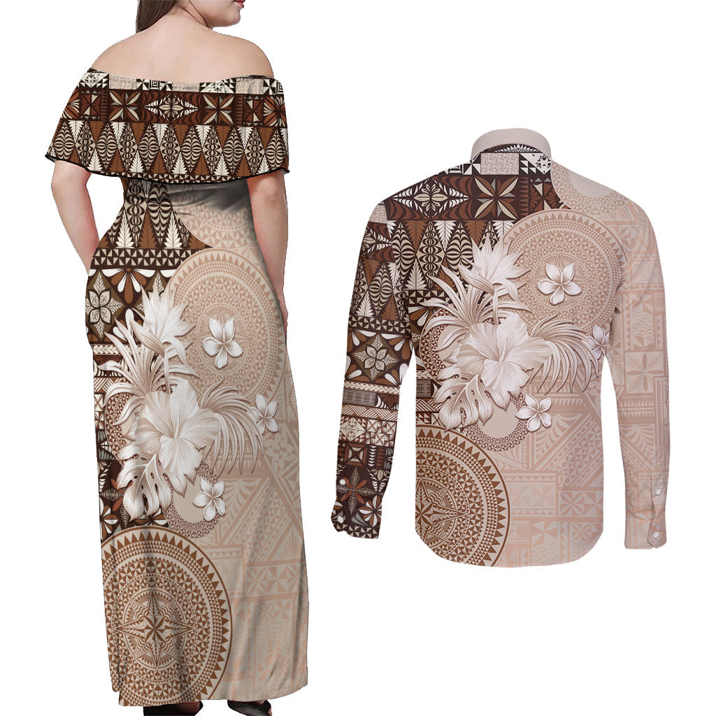 Tonga Ngatu Motifs Couples Matching Off Shoulder Maxi Dress and Long Sleeve Button Shirt With Coat Of Arms Beige LT05 - Polynesian Pride