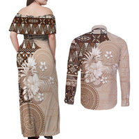 Tonga Ngatu Motifs Couples Matching Off Shoulder Maxi Dress and Long Sleeve Button Shirt With Coat Of Arms Beige LT05 - Polynesian Pride