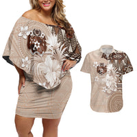 Tonga Ngatu Motifs Couples Matching Off Shoulder Short Dress and Hawaiian Shirt With Coat Of Arms Beige LT05 Beige - Polynesian Pride