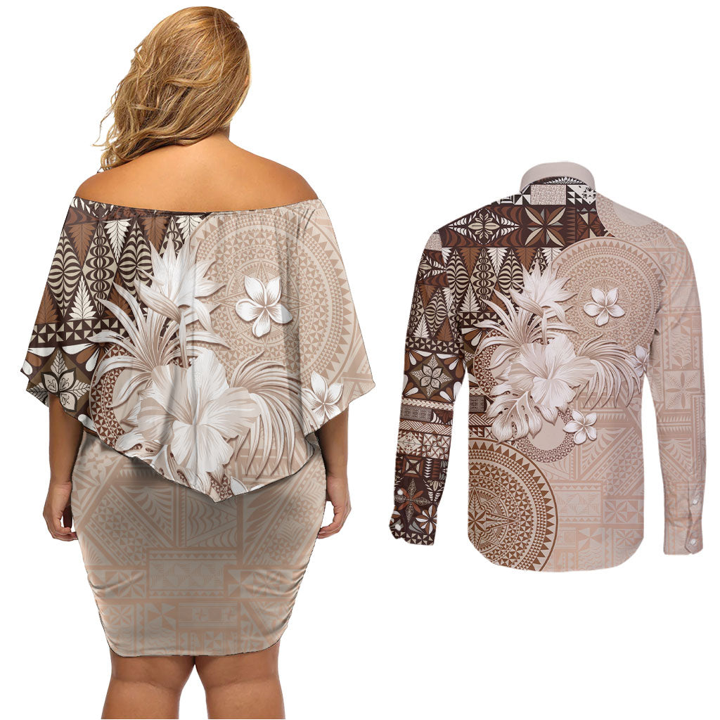 Tonga Ngatu Motifs Couples Matching Off Shoulder Short Dress and Long Sleeve Button Shirt With Coat Of Arms Beige LT05 - Polynesian Pride