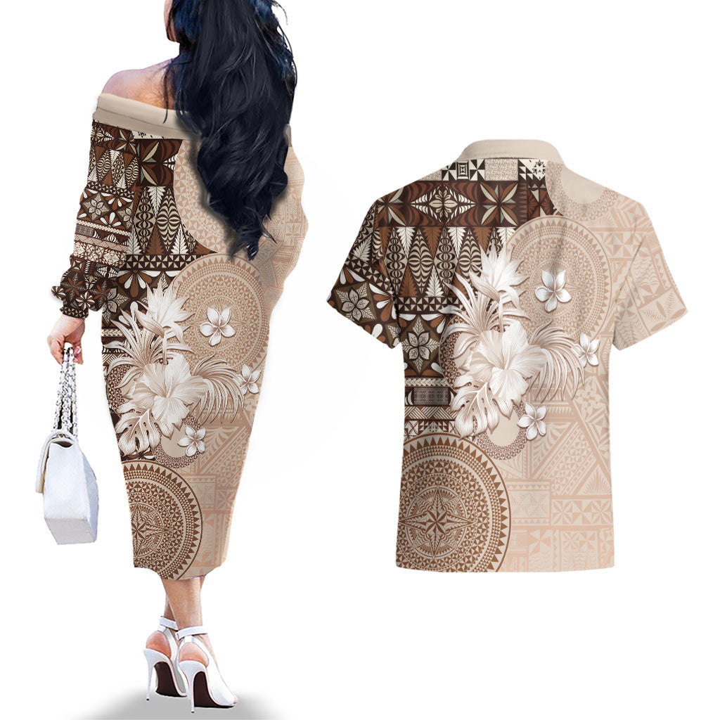Tonga Ngatu Motifs Couples Matching Off The Shoulder Long Sleeve Dress and Hawaiian Shirt With Coat Of Arms Beige LT05 - Polynesian Pride