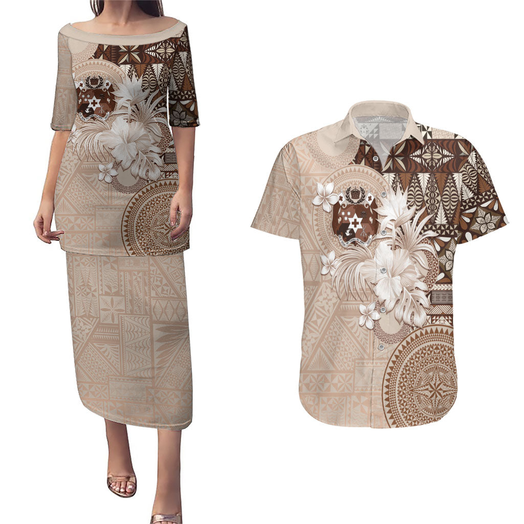 Tonga Ngatu Motifs Couples Matching Puletasi and Hawaiian Shirt With Coat Of Arms Beige LT05 Beige - Polynesian Pride