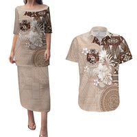 Tonga Ngatu Motifs Couples Matching Puletasi and Hawaiian Shirt With Coat Of Arms Beige LT05 Beige - Polynesian Pride