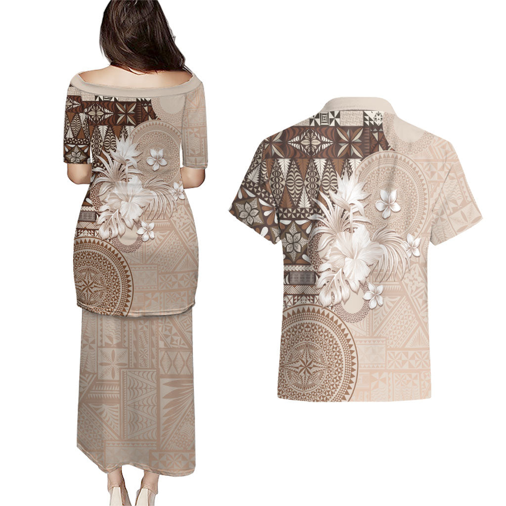 Tonga Ngatu Motifs Couples Matching Puletasi and Hawaiian Shirt With Coat Of Arms Beige LT05 - Polynesian Pride