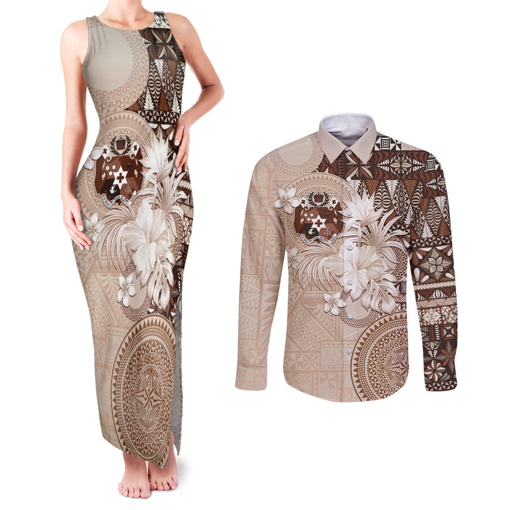 Tonga Ngatu Motifs Couples Matching Tank Maxi Dress and Long Sleeve Button Shirt With Coat Of Arms Beige LT05 Beige - Polynesian Pride