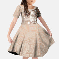 Tonga Ngatu Motifs Family Matching Long Sleeve Bodycon Dress and Hawaiian Shirt With Coat Of Arms Beige LT05 Daughter's Dress Beige - Polynesian Pride