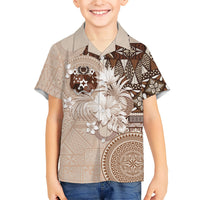 Tonga Ngatu Motifs Family Matching Long Sleeve Bodycon Dress and Hawaiian Shirt With Coat Of Arms Beige LT05 Son's Shirt Beige - Polynesian Pride