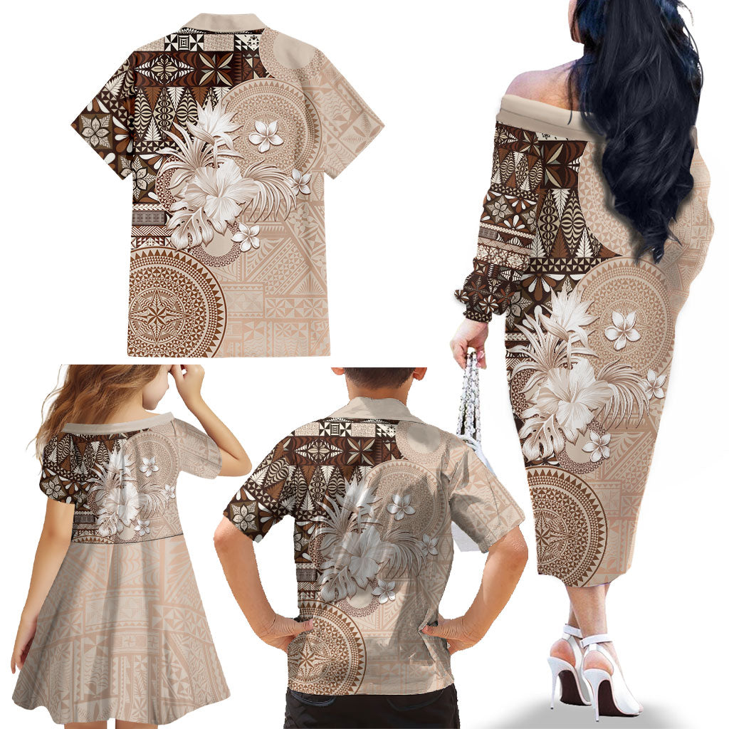 Tonga Ngatu Motifs Family Matching Off The Shoulder Long Sleeve Dress and Hawaiian Shirt With Coat Of Arms Beige LT05 - Polynesian Pride