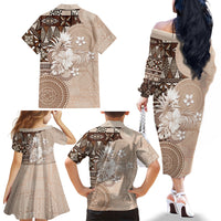 Tonga Ngatu Motifs Family Matching Off The Shoulder Long Sleeve Dress and Hawaiian Shirt With Coat Of Arms Beige LT05 - Polynesian Pride