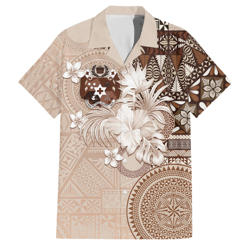 Tonga Ngatu Motifs Family Matching Off The Shoulder Long Sleeve Dress and Hawaiian Shirt With Coat Of Arms Beige LT05 Dad's Shirt - Short Sleeve Beige - Polynesian Pride