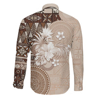 Tonga Ngatu Motifs Family Matching Off Shoulder Maxi Dress and Hawaiian Shirt With Coat Of Arms Beige LT05 - Polynesian Pride