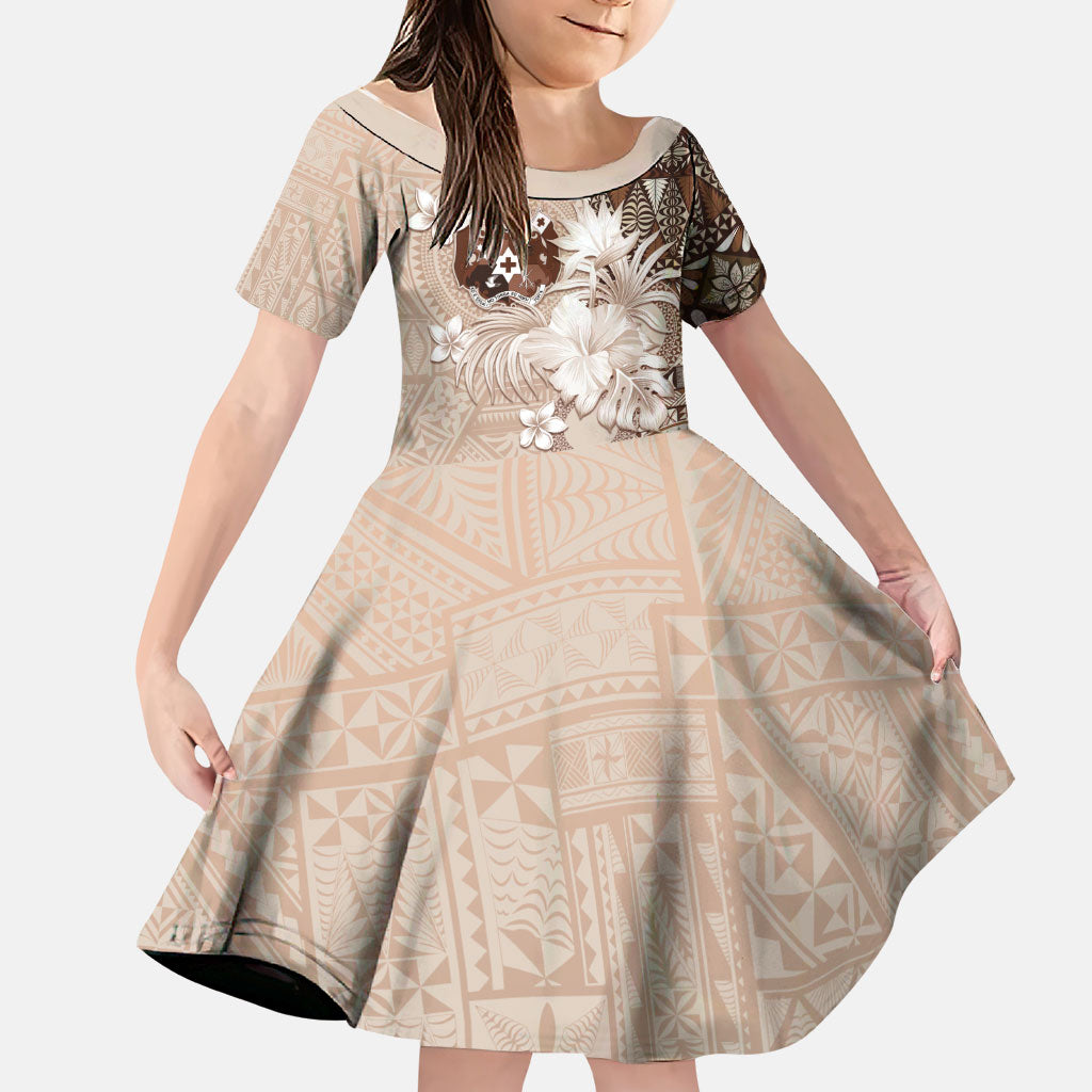 Tonga Ngatu Motifs Family Matching Off Shoulder Short Dress and Hawaiian Shirt With Coat Of Arms Beige LT05 Daughter's Dress Beige - Polynesian Pride