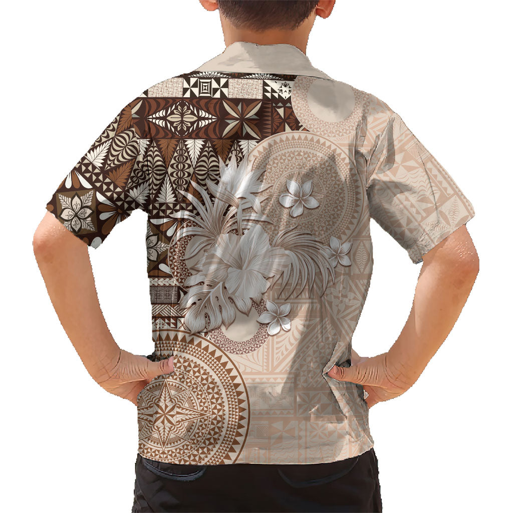 Tonga Ngatu Motifs Family Matching Puletasi and Hawaiian Shirt With Coat Of Arms Beige LT05 - Polynesian Pride