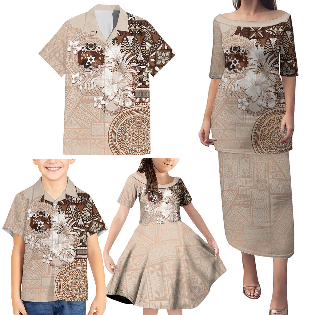 Tonga Ngatu Motifs Family Matching Puletasi and Hawaiian Shirt With Coat Of Arms Beige LT05 - Polynesian Pride