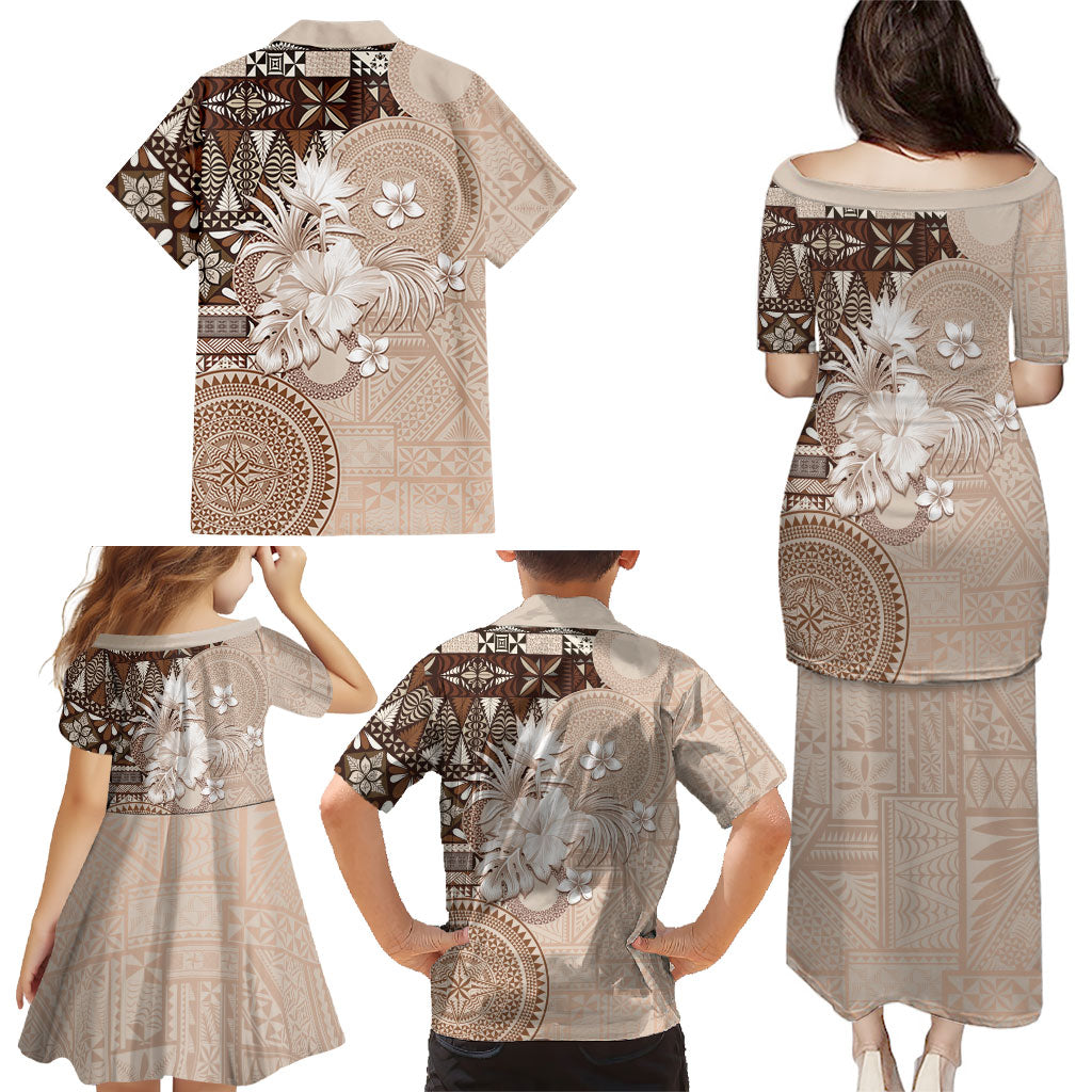 Tonga Ngatu Motifs Family Matching Puletasi and Hawaiian Shirt With Coat Of Arms Beige LT05 - Polynesian Pride