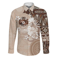 Tonga Ngatu Motifs Family Matching Puletasi and Hawaiian Shirt With Coat Of Arms Beige LT05 Dad's Shirt - Long Sleeve Beige - Polynesian Pride