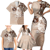 Tonga Ngatu Motifs Family Matching Short Sleeve Bodycon Dress and Hawaiian Shirt With Coat Of Arms Beige LT05 - Polynesian Pride