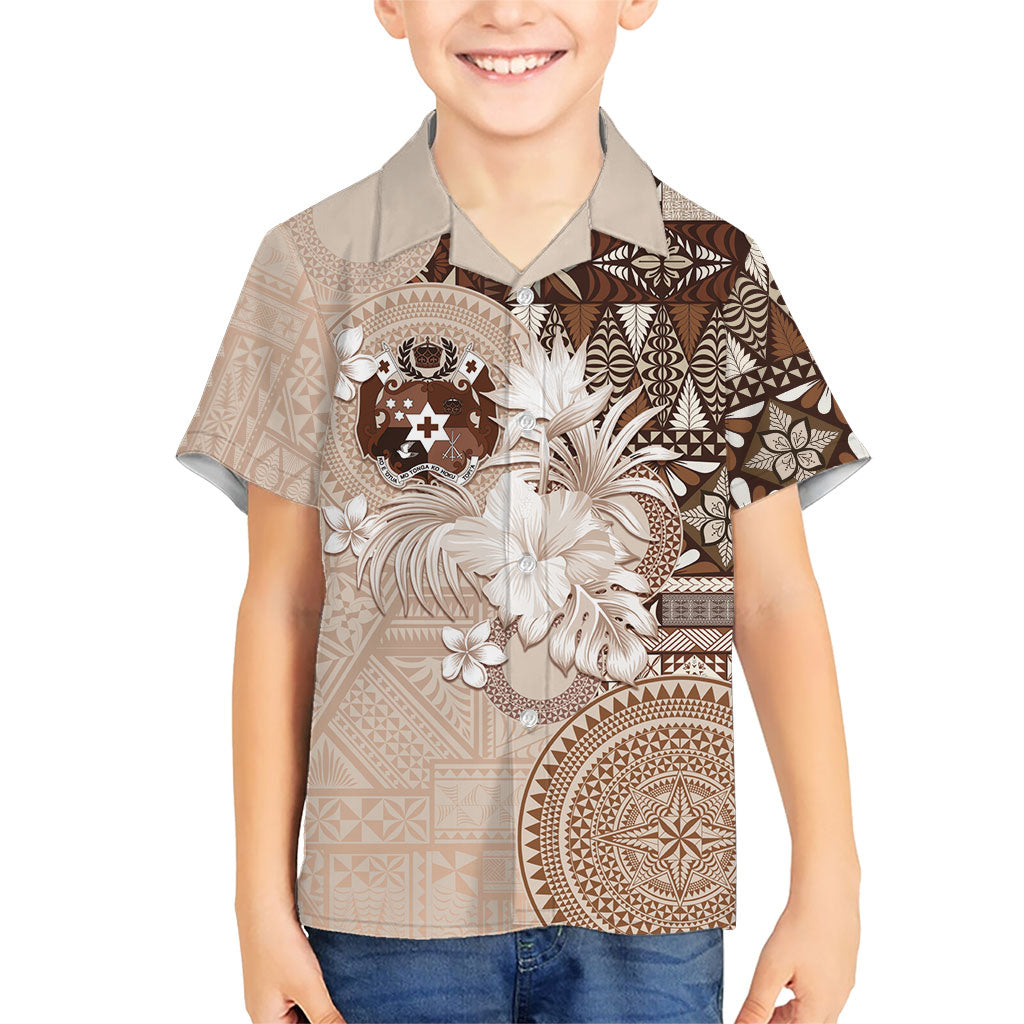 Tonga Ngatu Motifs Family Matching Short Sleeve Bodycon Dress and Hawaiian Shirt With Coat Of Arms Beige LT05 Son's Shirt Beige - Polynesian Pride