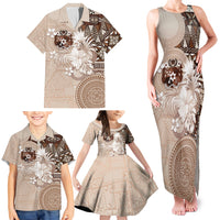 Tonga Ngatu Motifs Family Matching Tank Maxi Dress and Hawaiian Shirt With Coat Of Arms Beige LT05 - Polynesian Pride