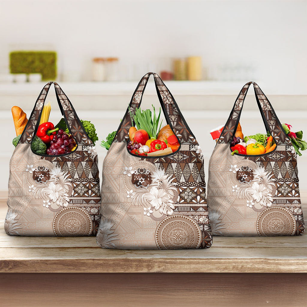 Tonga Ngatu Motifs Grocery Bag With Coat Of Arms Beige