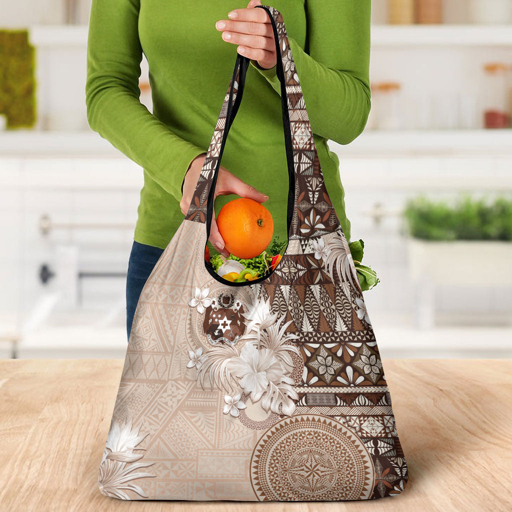 Tonga Ngatu Motifs Grocery Bag With Coat Of Arms Beige